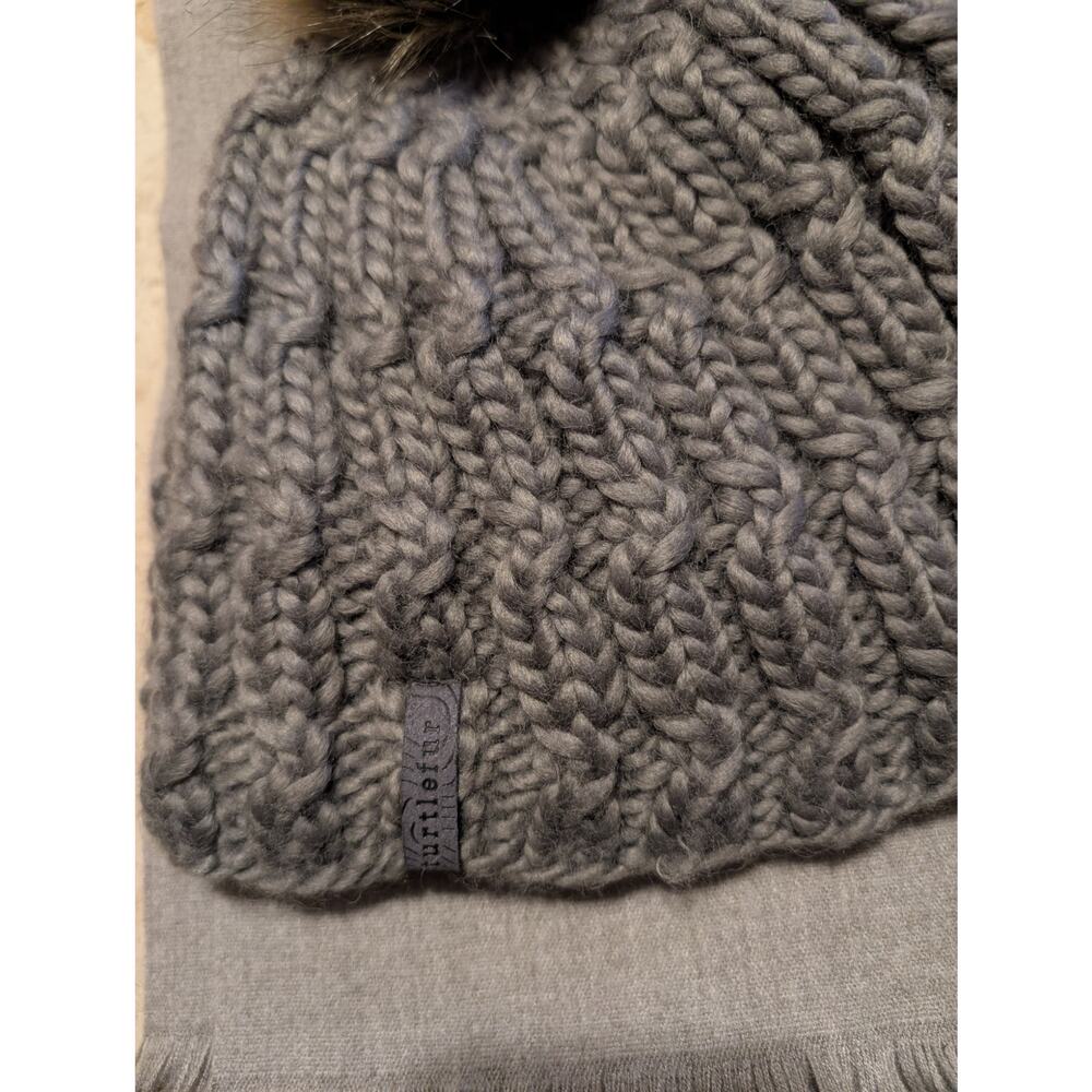 Turtle Fur Gray Fifi Cable Knit Merino Wool Plush Fleece Lined Faux Pom Beanie
